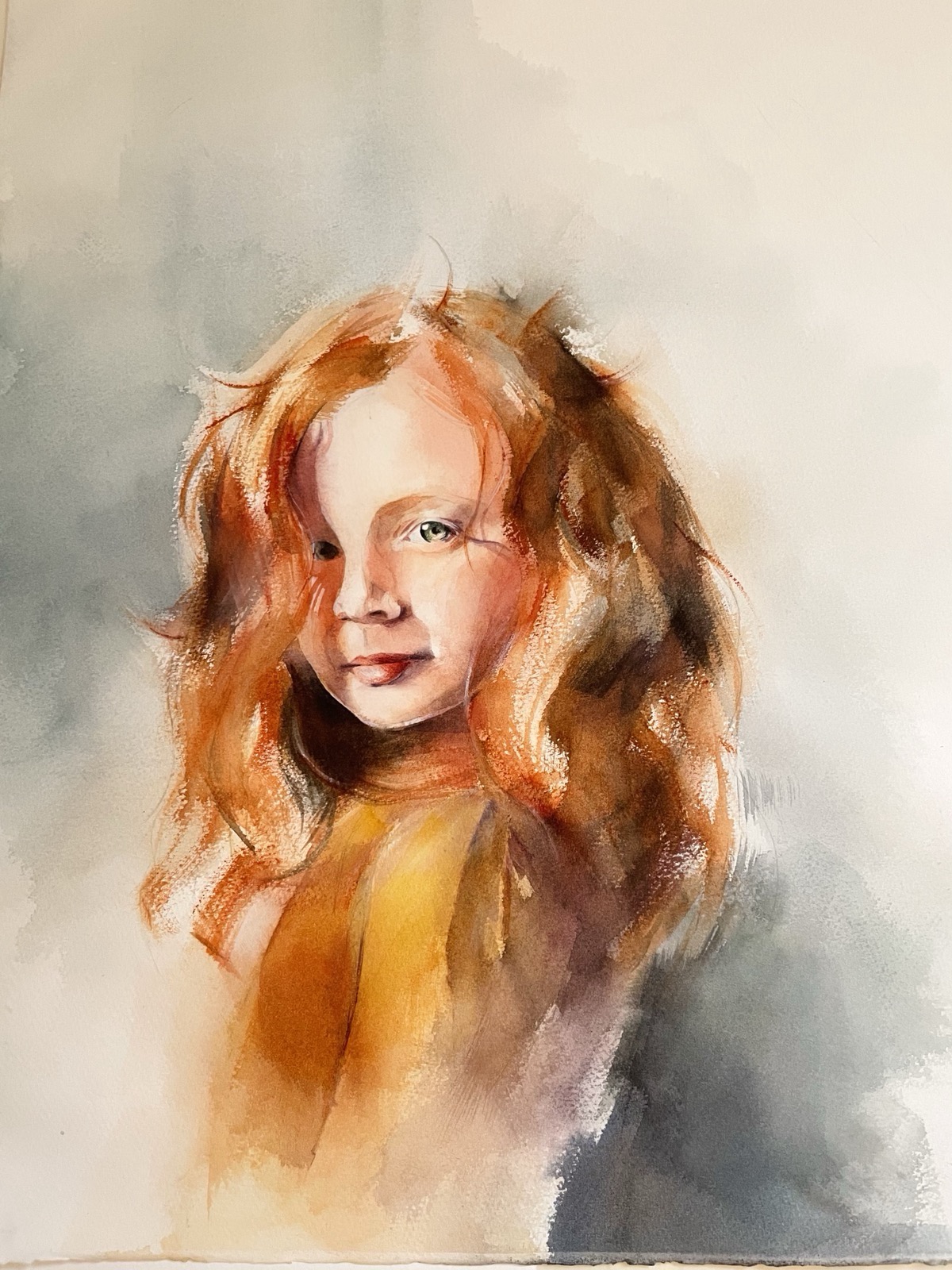 Portrait d’une fillette aux cheveux roux, à l’aquarelle par Thaïs